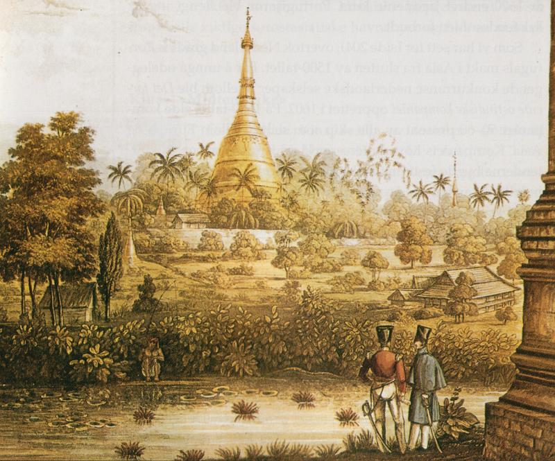 Burma IV-01-Wiki-Commons-1825.jpg - 1825 Litography of the Shwedagon Pagoda; Wikipedia Commons (Source: http://upload.wikimedia.org/wikipedia/commons/1/16/Shwedagon_pagoda.jpg; accessed: 25.3.2014)